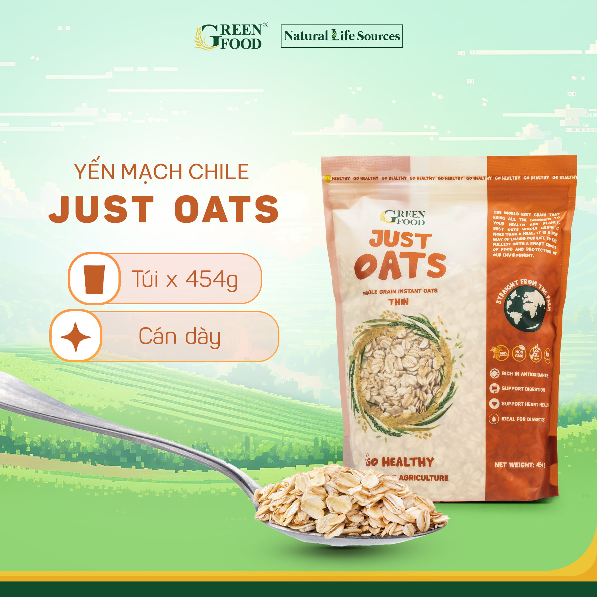 Yến mạch Chile nguyên chất ăn liền Just Oats cán dày | Túi nhỏ 454g - nhập khẩu trực tiếp từ Chile, ít calo, phù hợp cho người ăn kiêng, giảm cân.