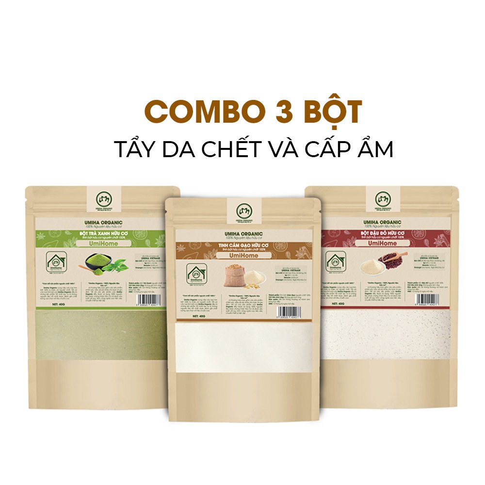 Combo 3 bột tẩy da chết và cấp ẩm UMIHOME nguyên chất gồm bột trà xanh, đậu đỏ, cám gạo