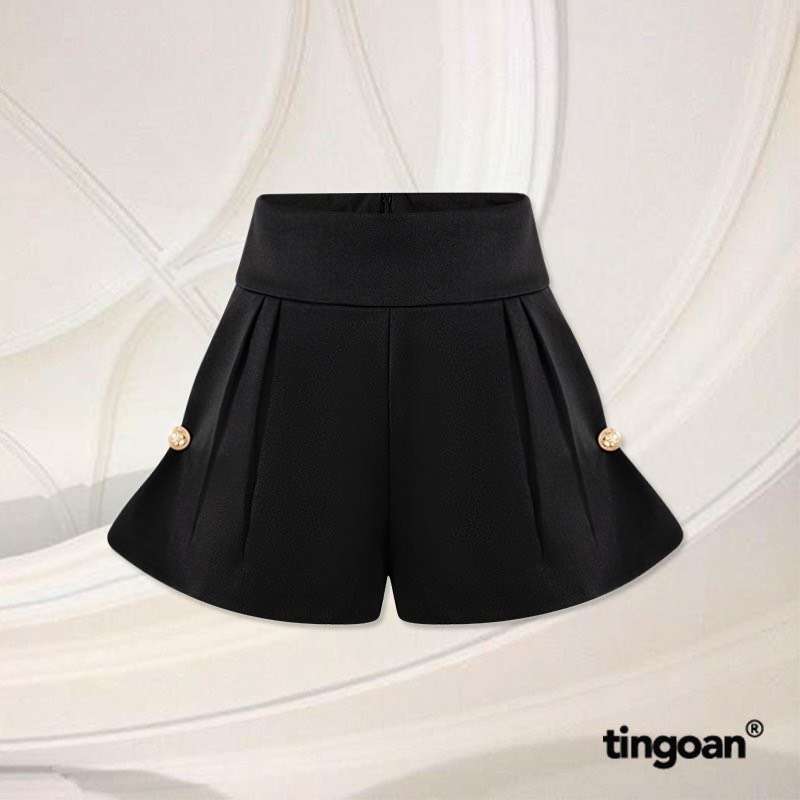 Tingoan® - quần shorts cạp cao tafta đính cúc gấu đen no photo short/bl