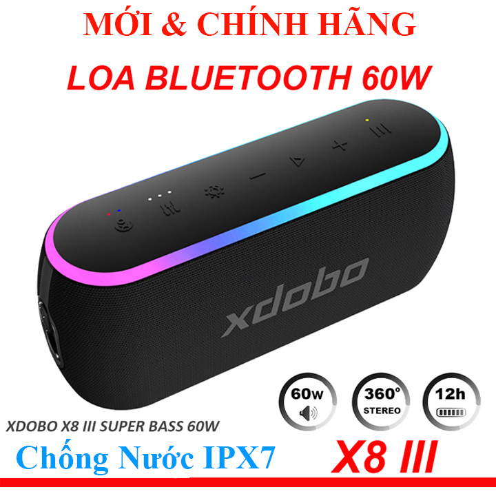 Loa bluetooth 5.3 60w siêu trầm đèn led rgb chống nước ipx7 tích hợp power bank, dsp, tws xdobo x8 iii - x8 ii