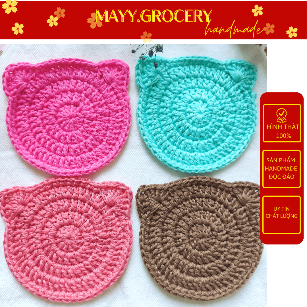 Đế lót cốc, miếng lót ly thấm nước hình mặt mèo dễ thương handmade từ vải len