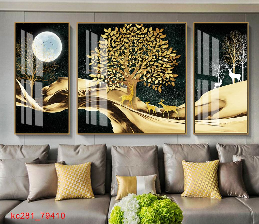 Tranh dán tường 5D hươu vàng ánh trăng -  Tranh décor phòng khách, phòng ngủ phong cách hiện đại