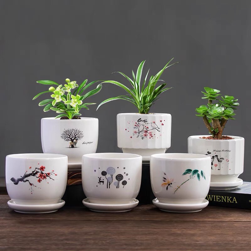 Chậu gốm sứ hoa văn để bàn kèm đĩa đựng nước - cao 9cm