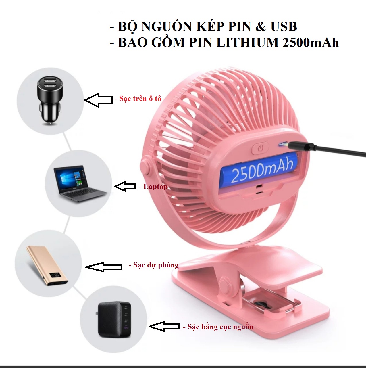 Quạt sạc mini 3 cấp độ tặng kèm 1 cục pin và dây cáp sạc G16