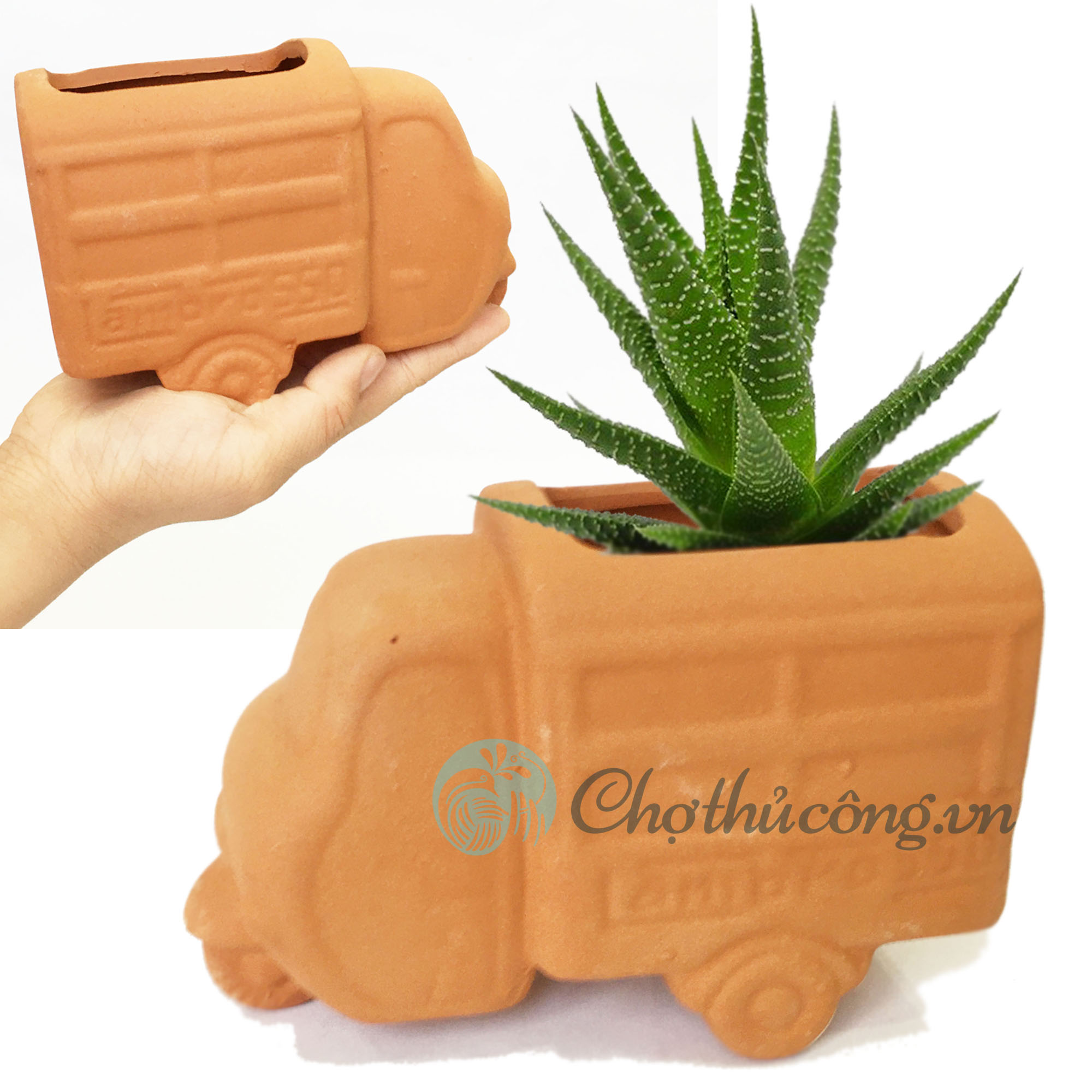 Chậu đất nung hình Chiếc Xe Lam decor vintage KT D14xR7xC9.5cm - chậu trồng sen đá trang trí sân vườn