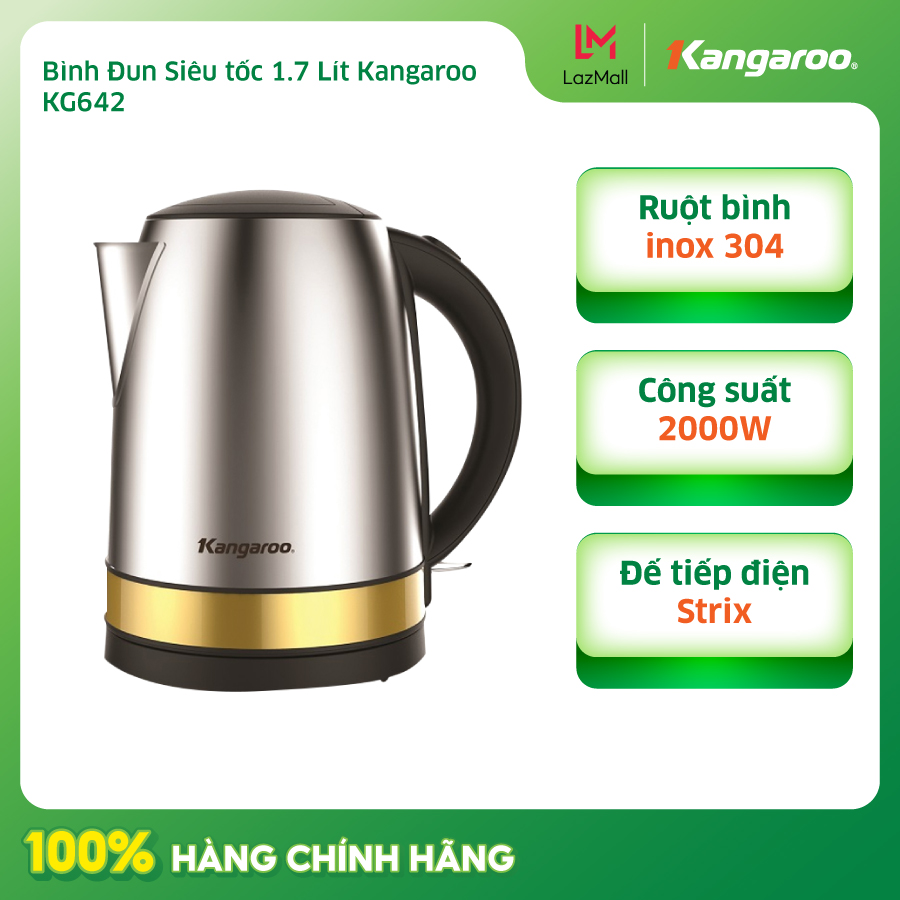 Ấm đun siêu tốc kangaroo kg642 - dung tích 1.7l - công suất 2000w - ruột bình inox 304 - hàng chính hãng
