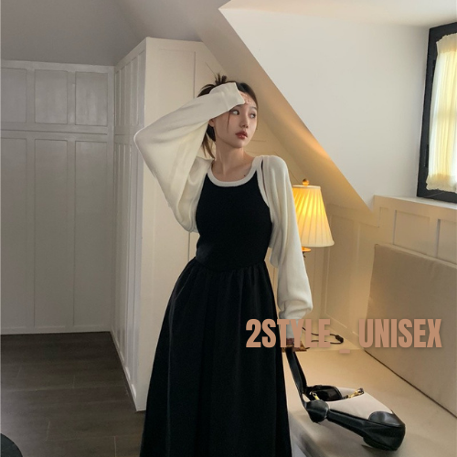 Set váy cổ yếm mix áo cardigan dài tay/Bộ đầm nữ dáng xòe form rộng ulzzang Hàn Quốc_2style-unisex