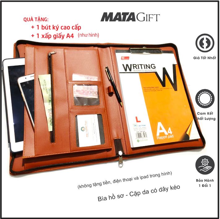Cặp Đựng Tài Liệu Hồ Sơ Đa Năng A4 Nhiều Ngăn Có Dây Khóa Kéo (Tặng Bút ký cao cấp + Xấp giấy A4) CS.02 Matagift Bìa Túi Da Cao Cấp Màu Nâu