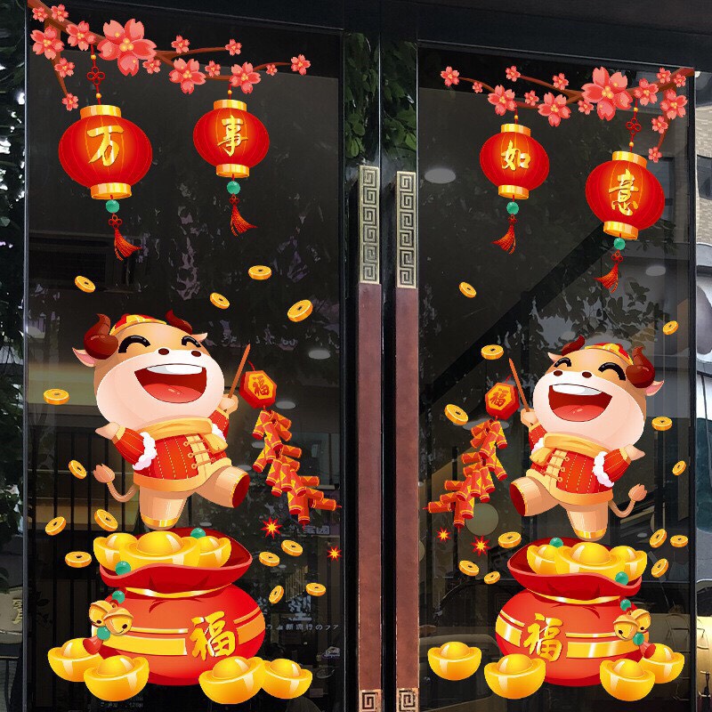 Decal dán tường mẫu trâu đèn lồng 2 bên mẫu lớn