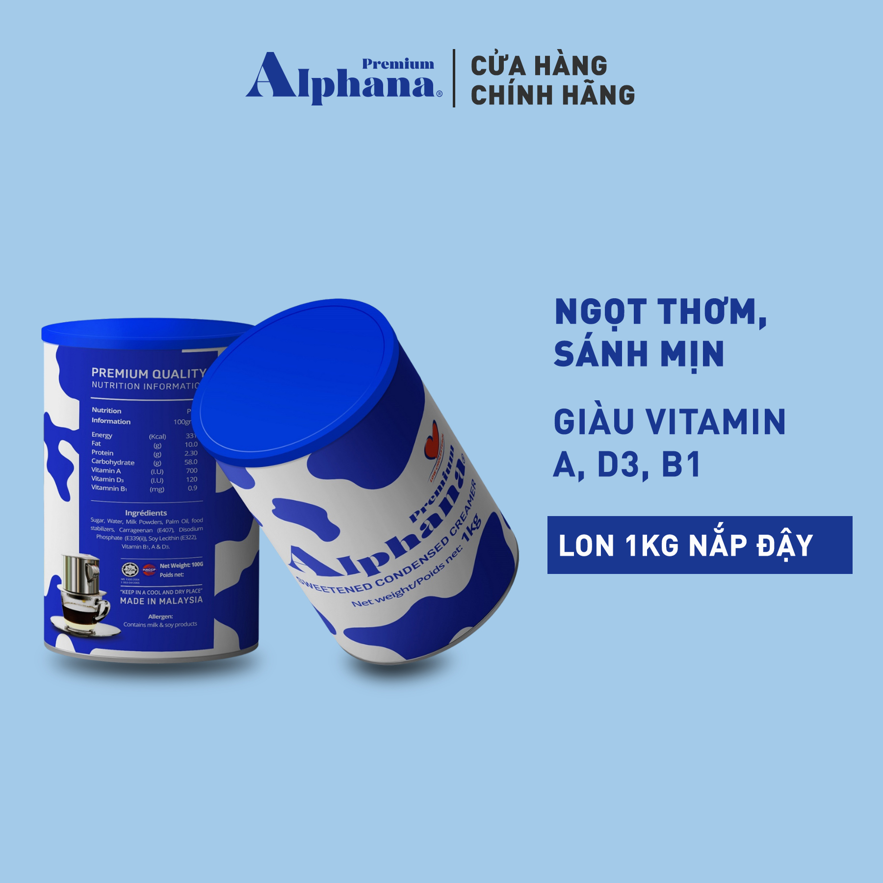 Combo 6 lon Sữa Đặc Có Đường Creamer Premium Alphana nhập khẩu Malaysia Lon 1kg thành phần đạm cao