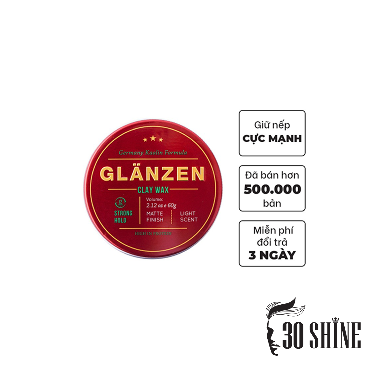 30SHINE Sáp vuốt tóc Glanzen Clay Wax 60g - Giữ nếp cực đỉnh, Tạo kiểu cực chất