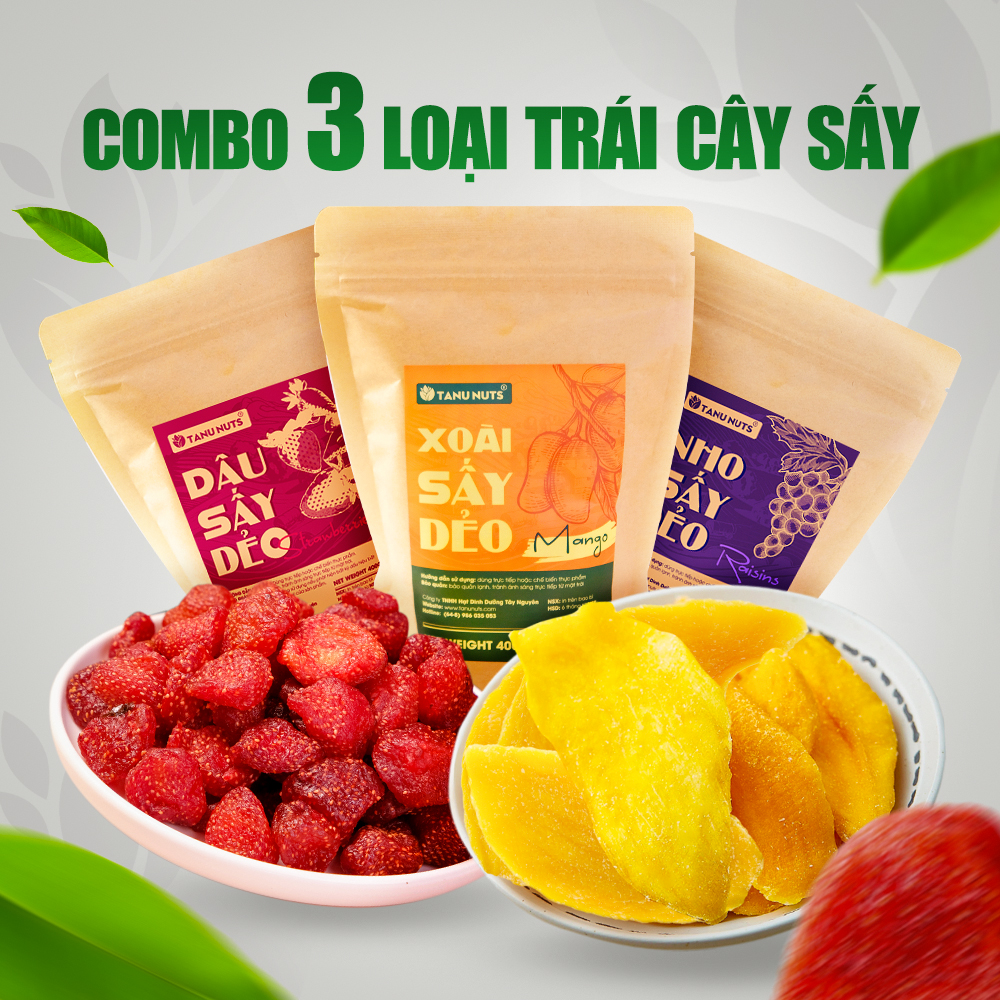 Combo trái cây sấy gồm nho khô raisin, nam việt quất , mơ sấy dẻo, dâu , xoài sấy TANU NUTS