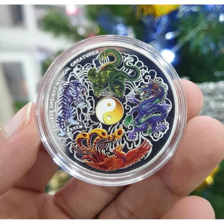 Đồng xu tứ linh long lân quy phụng - tặng kèm túi gấm long phụng , có sll giá tốt