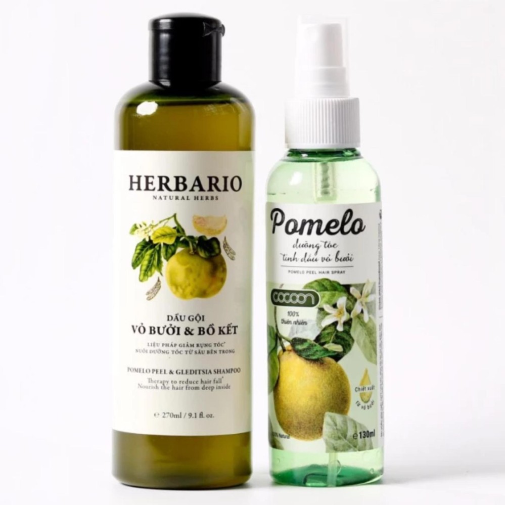 Bộ 1 chai xịt bưởi Pomelo và 1 chai dầu gội vỏ bưởi bồ kết Herbario giảm rụng tóc phục hồi hư tổn