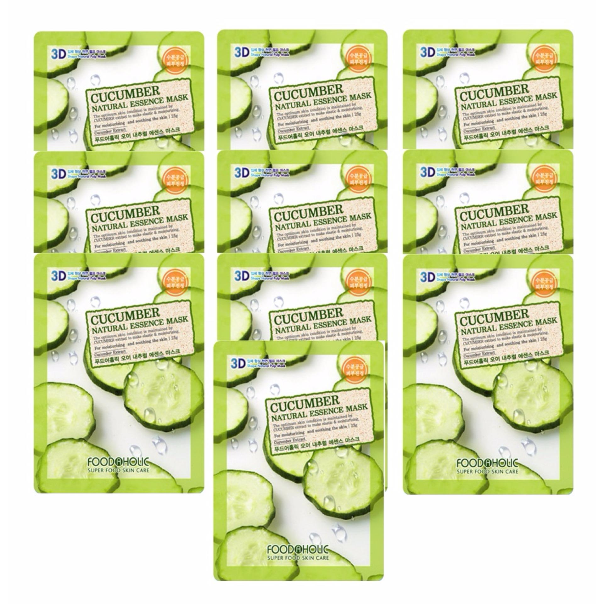 Bộ 10 gói mặt nạ dưỡng ẩm trắng da 3d foodaholic cucumber natural essence mask 23ml x10