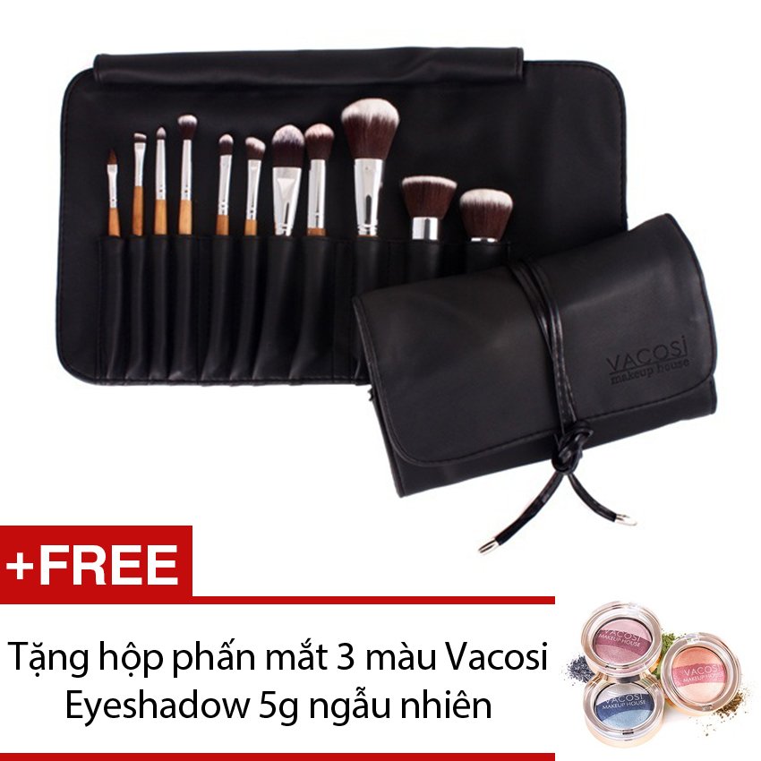 Bộ cọ trang điểm 11 cây Vacosi Pro BC16 (Hàng Chính Hãng+ Tặng hộp phấn mắt 3 màu Vacosi Eyeshadow 5g ngẫu nhiên (Hàng Chính Hãng
