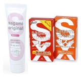 Hộp gen bôi trơn cùng bộ 2 hộp bao cao su gồm Sagami Xtreme Orange 10 bao và Xtreme Feel Long 10 bao