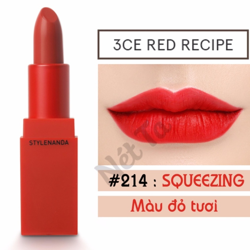 Son môi 3ce Red Recipe màu 214 Squeezing - Màu đỏ tươi - Hàn quốc