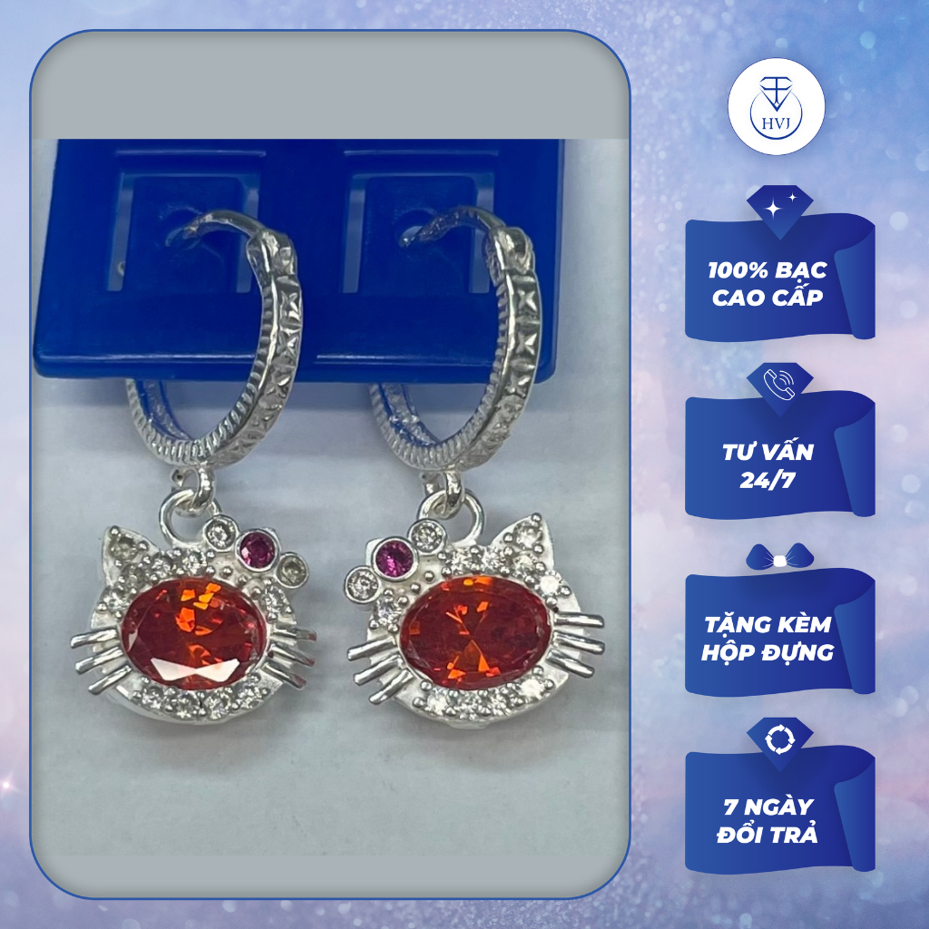 Bông tai cho bé gái mèo hello kitty đính đá bạc s925 - kèm hộp đựng - trang sức cao cấp hvj