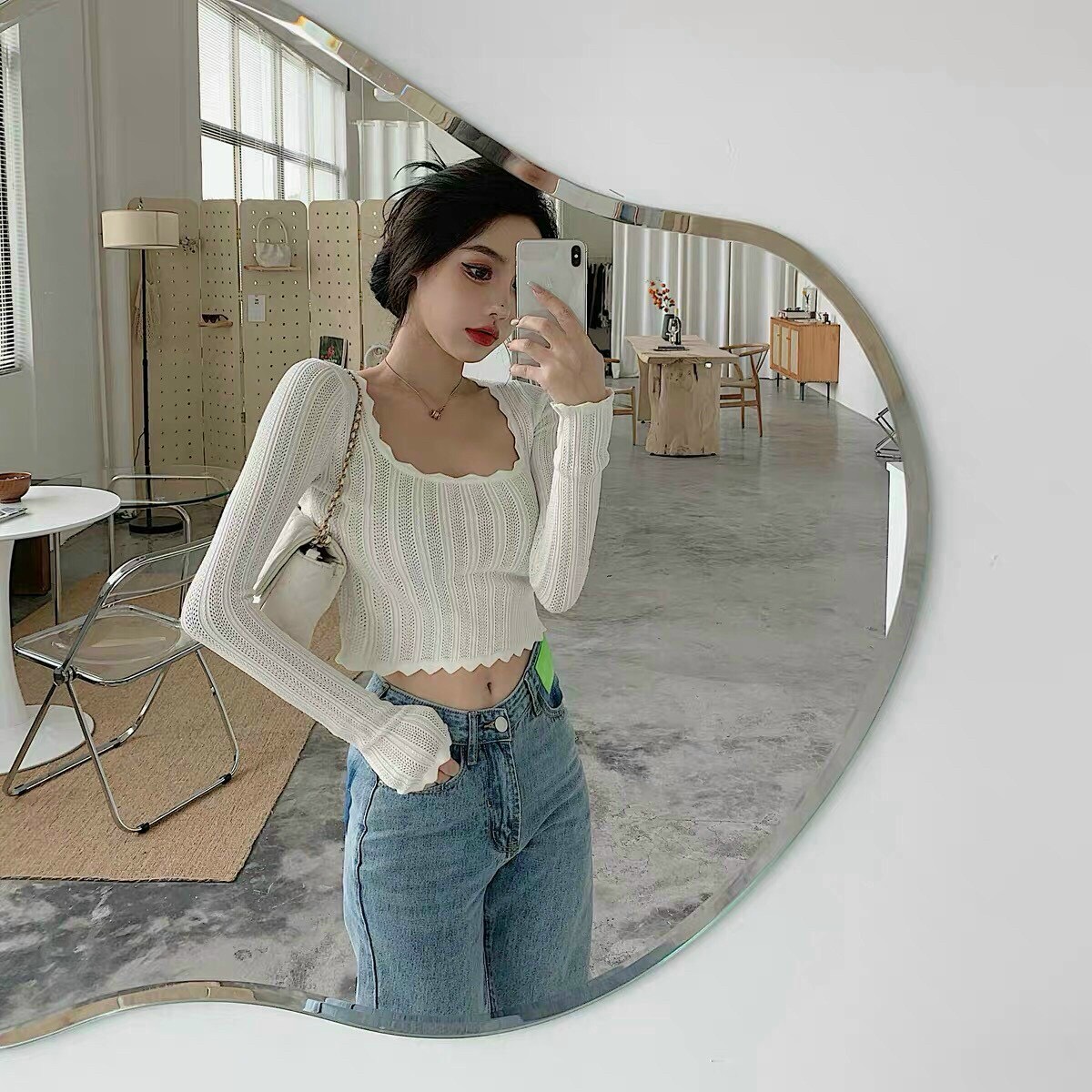 [HCM]Áo CropTop Tay Dài Cổ U Viền Ren Siêu XinhChất thun Gân Dưới 52kg Nha Khách-NU