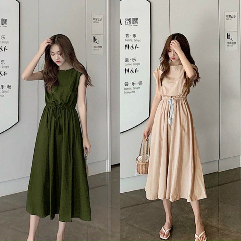 Váy đầm dài váy đầm maxi suông vải linen thun, eo dây rút xòe,tay con dáng cánh dơi có size m,l,xl