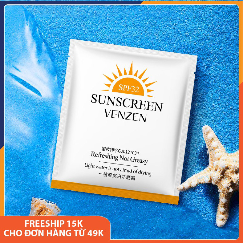 Combo 10 gói kem chống nắng VENZEN SPF32 cho da mặt, toàn thân dạng gói dùng thử, kem chống nắng làm sáng da, loại nhỏ, dưỡng ẩm, dưỡng trắng, giá rẻ, kem chống nắng hàng ngày 30g Melystore SPT110059
