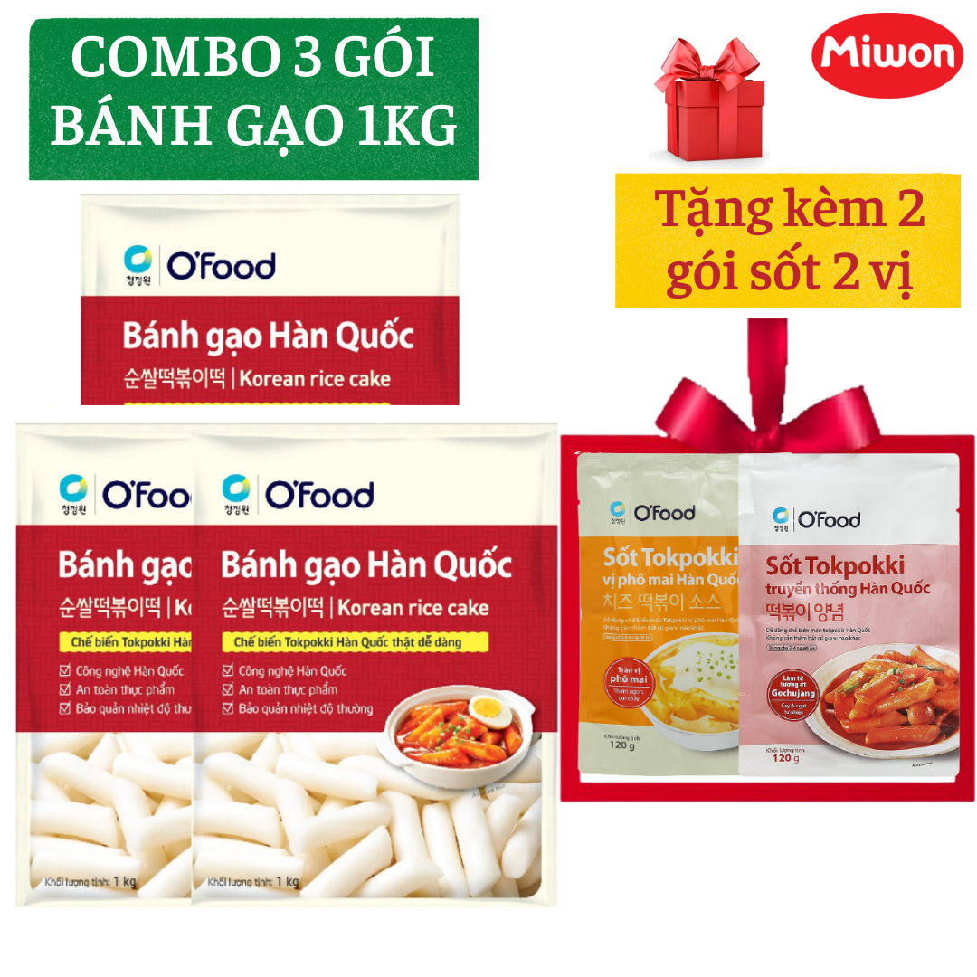 [TẶNG 2 GÓI SỐT 50K ] COMBO 3 gói Tokbokki bánh gạo Hàn Quốc O'Food 1KG, Tặng kèm 2 gói sốt nấu 2 vị cay và phô mai,  Set nấu Tokbokki cho 18 người