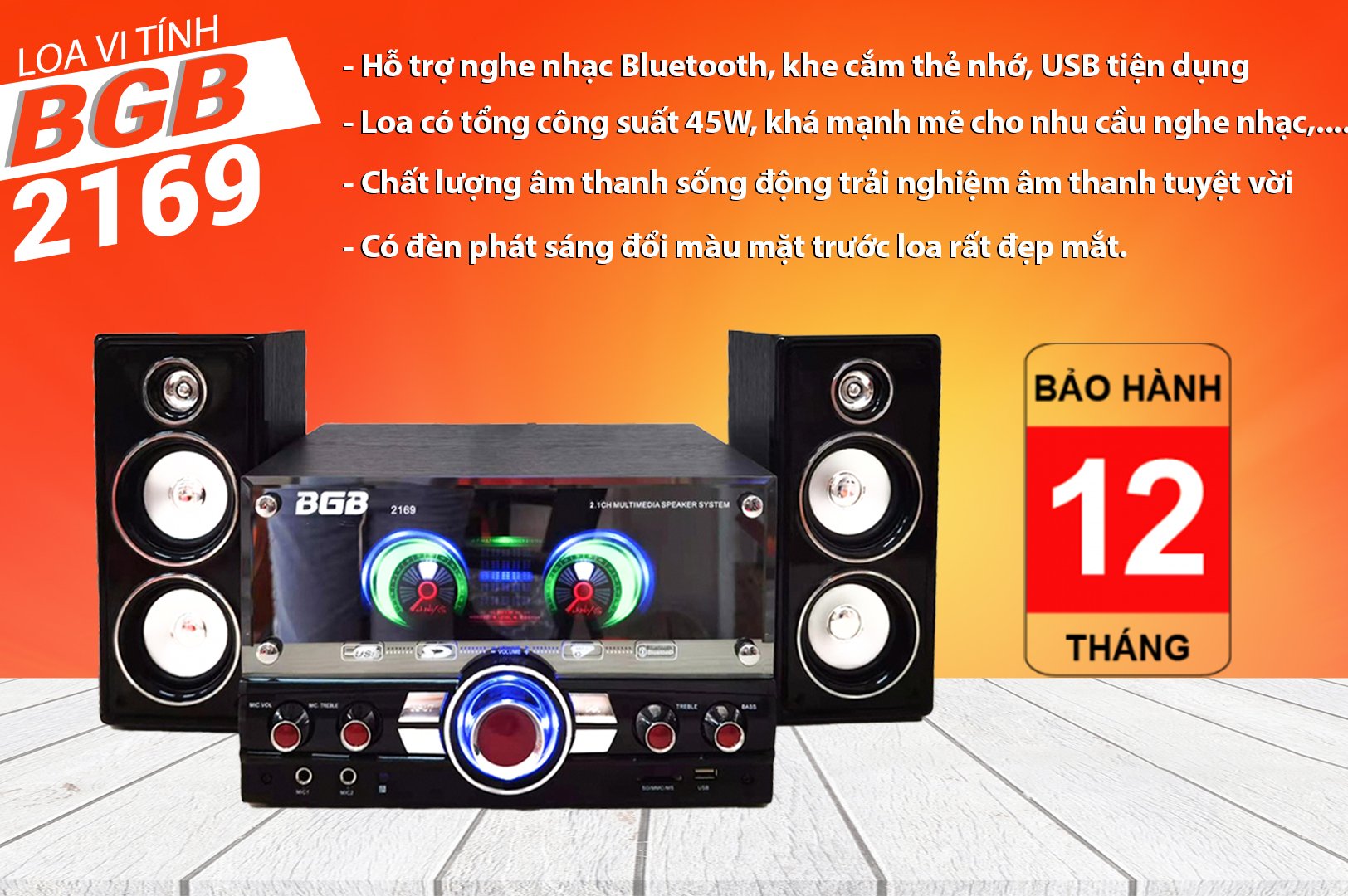 [GIÁ TỐT] Loa vi tính cao cấp BGB 2169 - Kết nối bluetooth - Một loa sub hai loa treble - Công suất lớn, bass cực căng, nghe nhạc cực bay - Mặt gương sáng bóng, đèn led sành điệu sang trọng và đẳng cấp - Bảo hành 12 tháng