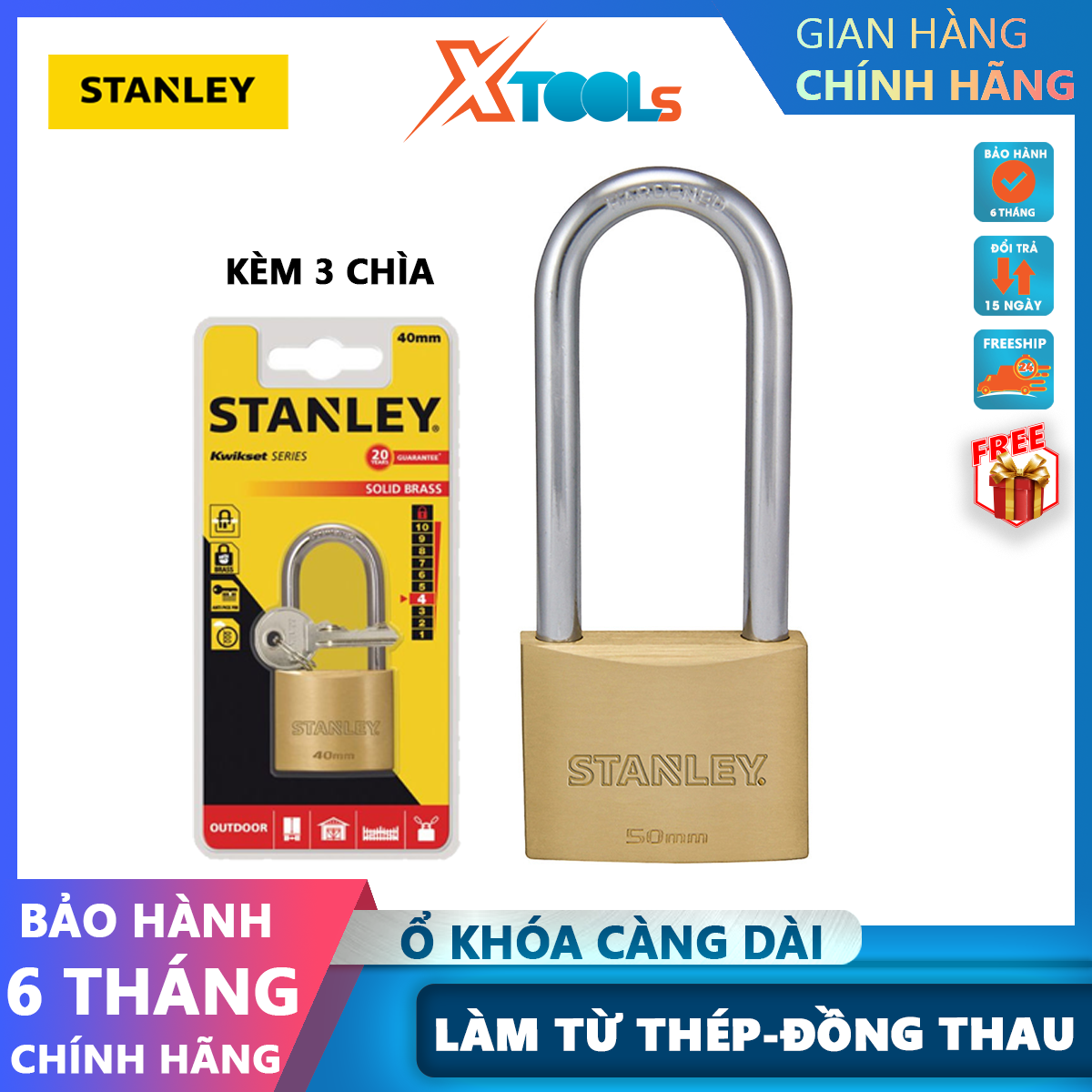Ổ khóa càng dài Stanley 70mm làm từ Thép - Đồng thau chắc chắn, ổ khoá cửa phòng chiều rộng 20-50mm dùng để chống trộm - an toàn sử dụng tiện lợi
