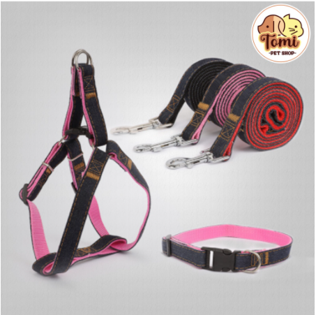 Bộ Dây dắt chó mèo kèm yếm loại vải bò Dây xích chó mèo vải jean bền chắc Tomi Pet Shop