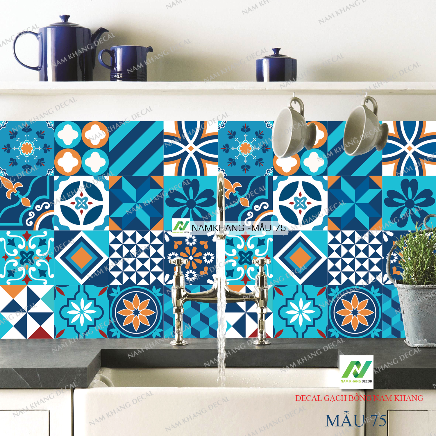 Decal gạch bông tông xanh decal nhựa dán bếp quầy bar tủ kệ...