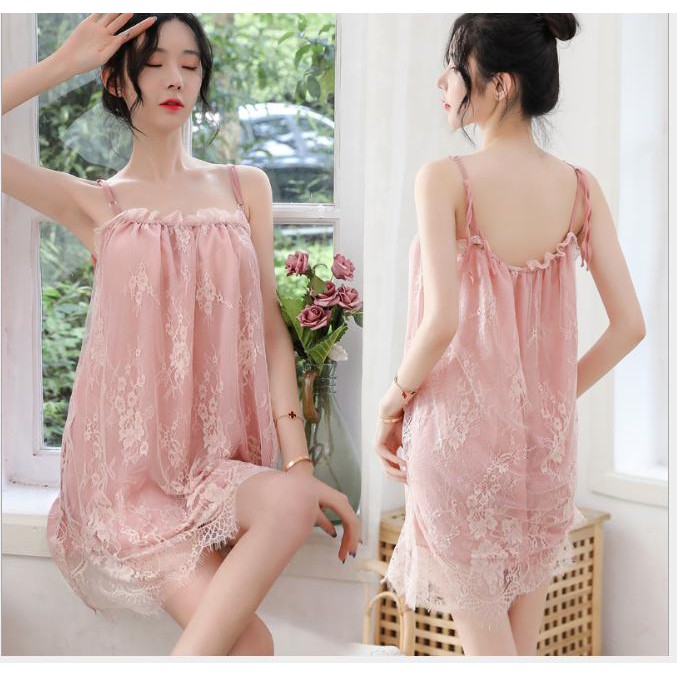 Váy ngủ 2 dây chất liệu lụa xuyên thấu cực kỳ mát mẻ và sexy (Đen/Trắng/Hồng/Xanh ngọc) - V27 - Mono Shop