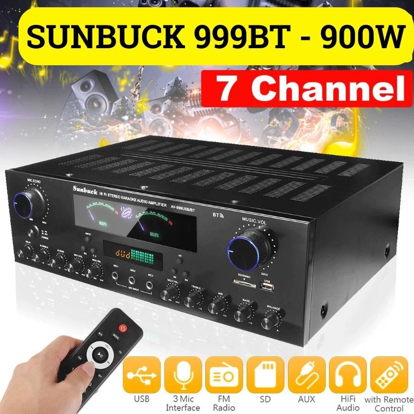Âm ly, amply  bluetooth karaoke Sunbuck AV-999BT - Hàng chính hãng - Bảo hành 12 tháng - Bộ khuếch đại công suất thực 900W, 7 kênh, màn hình hiển thị kép Hifi AV amp loa hỗ trợ 3 mic FM AUX USB SD điều khiển