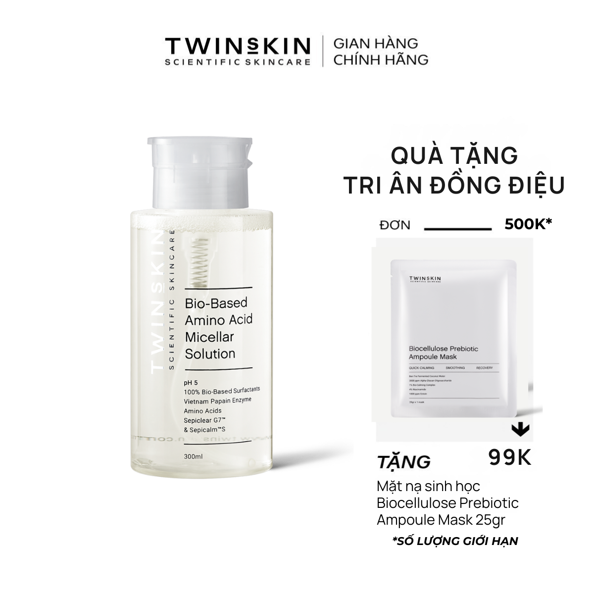Nước tẩy trang sạch sâu, giảm viêm, bảo dưỡng hàng rào bảo vệ da - Bio-Based Amino Acid Micellar Solution Twins Skin 300ml & 60ml