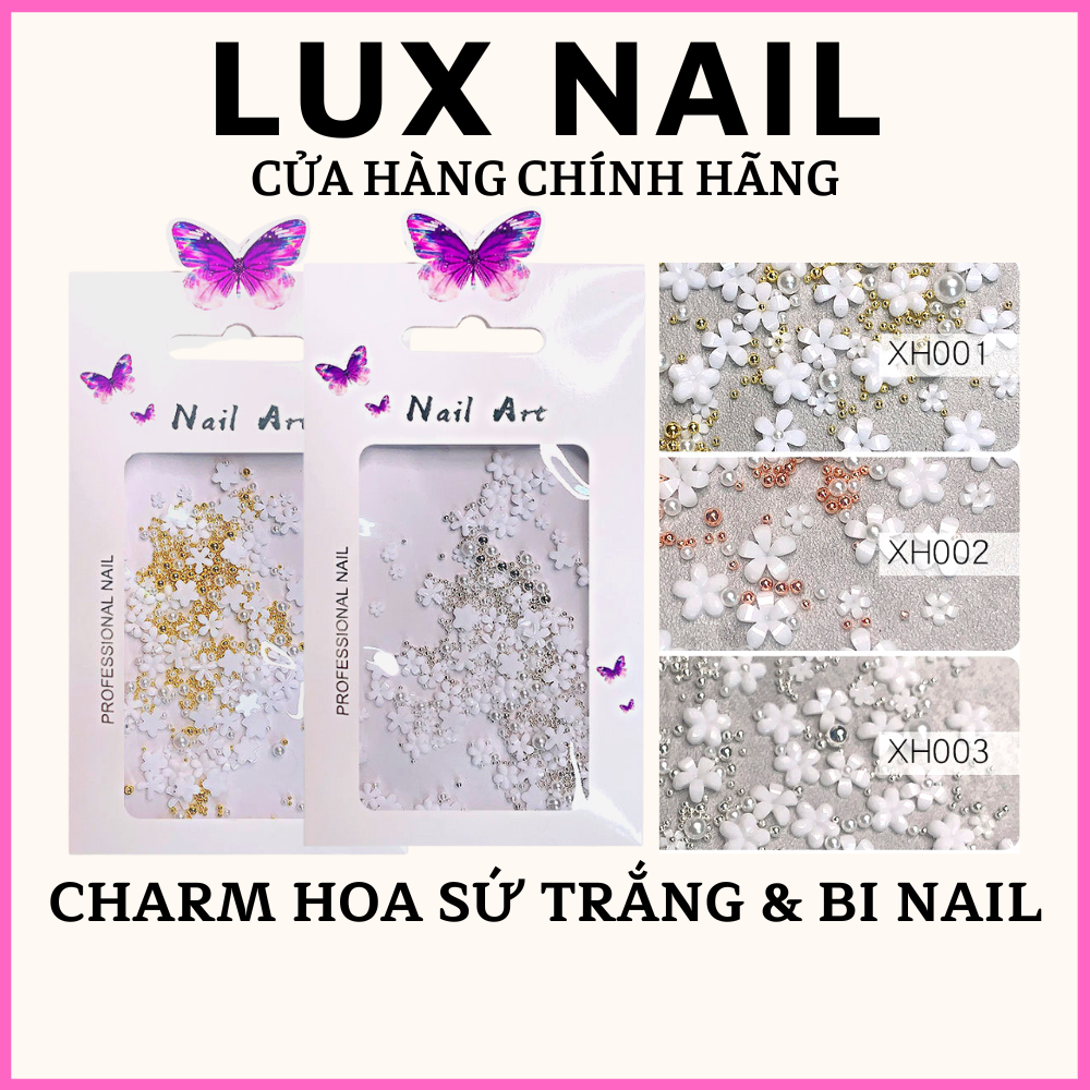Charm hoa nhí sứ mix bi nail Luxnail trắng vàng hồng, phụ kiện hoa sứ bi gắn đính trang trí móng tay cao cấp