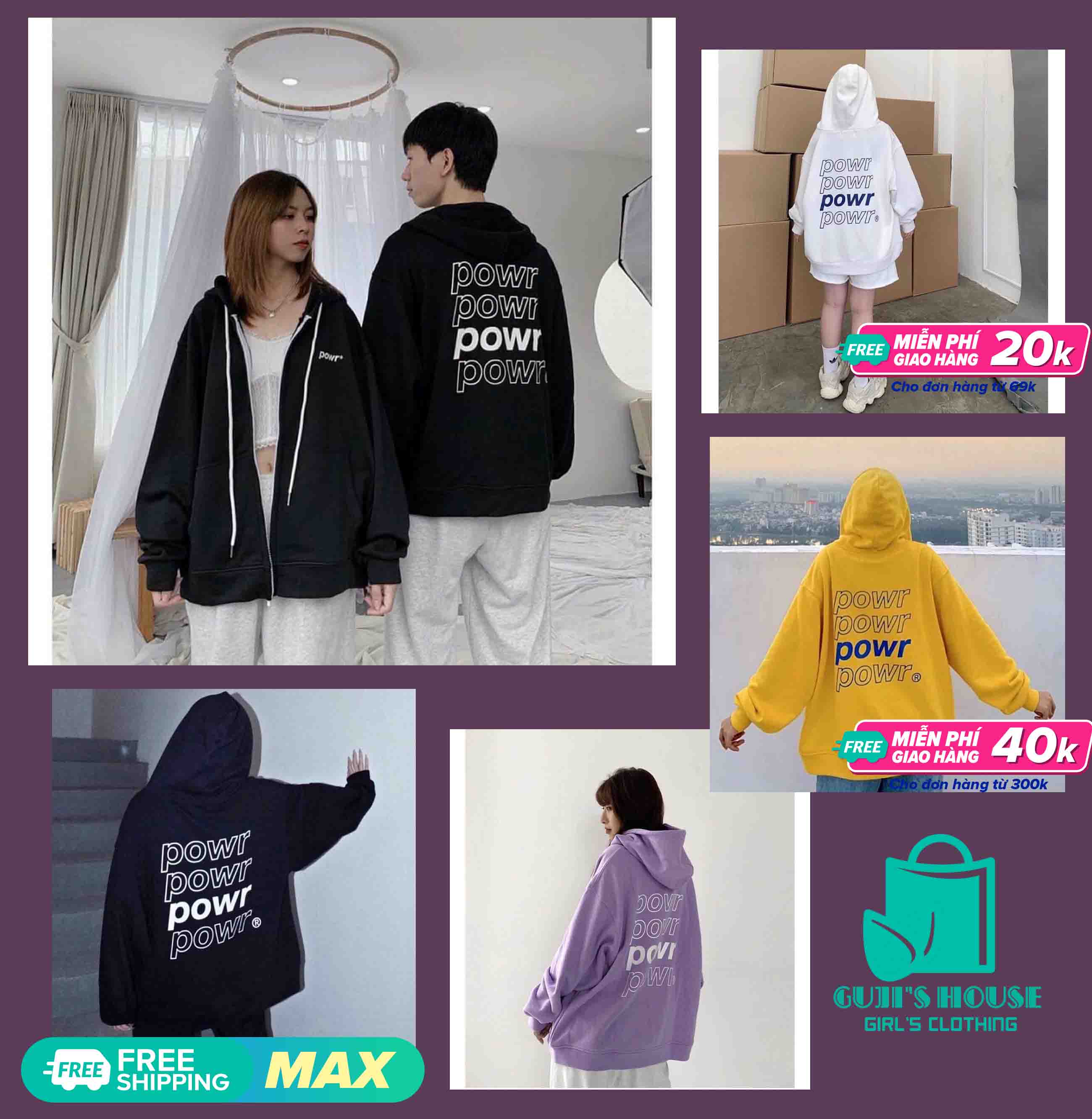Áo Khoác Nỉ Bông POWR Có Mũ Form Rộng GUJI'S HOUSE -Áo Nữ Kèm VIDEO Ảnh Thật - Áo Khoác Chất Liệu Nỉ Bông Không Xù Đủ Size Lựa Chọn ATR07