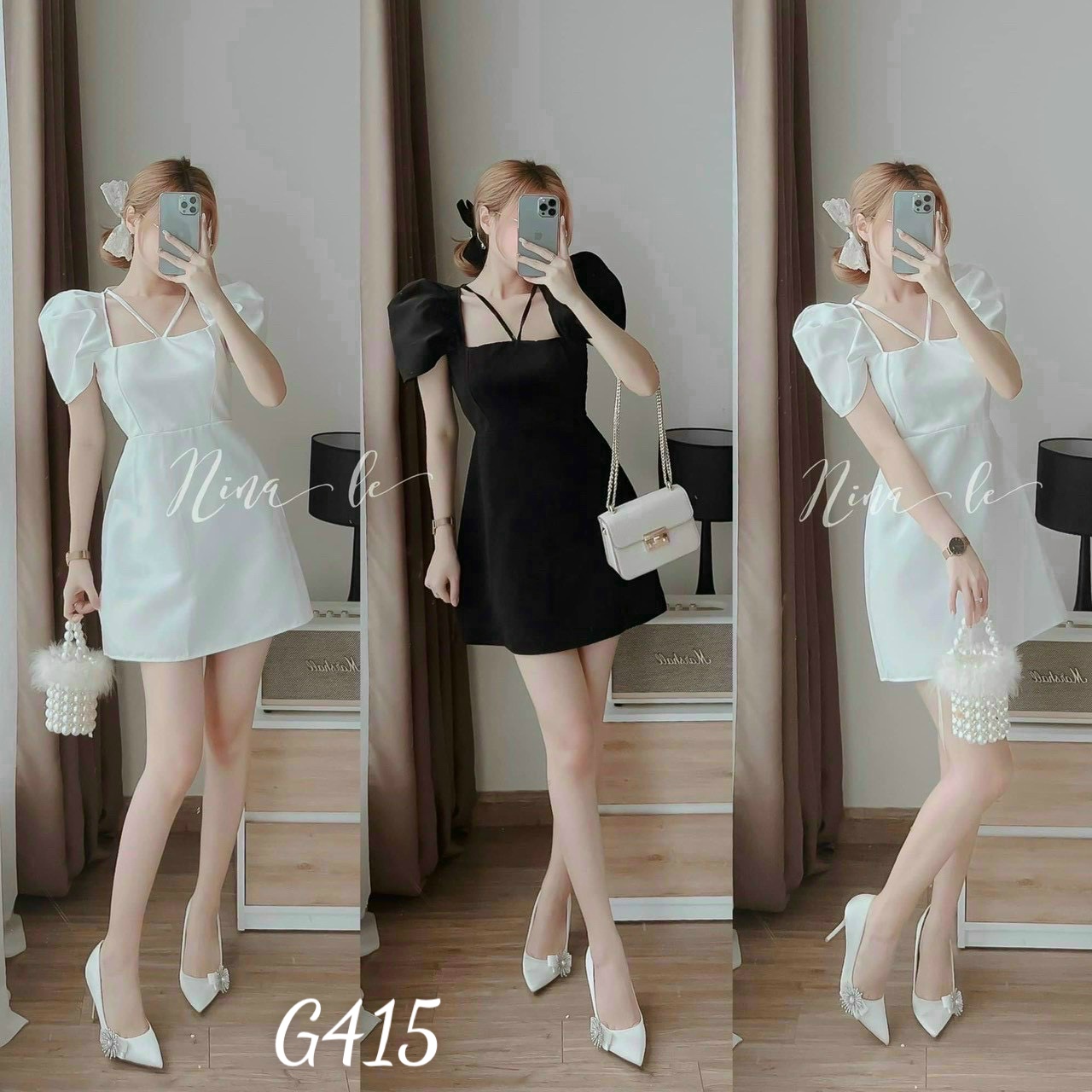 Đầm kiểu nữ tay phồng cổ vuông phối dây dáng xoè G415