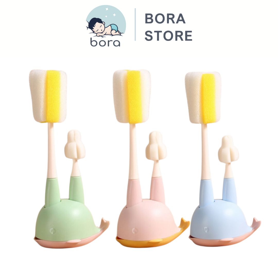 Cọ rửa bình sữa mút xốp 2 chi tiết cho bé, có đế phơi hình cá heo