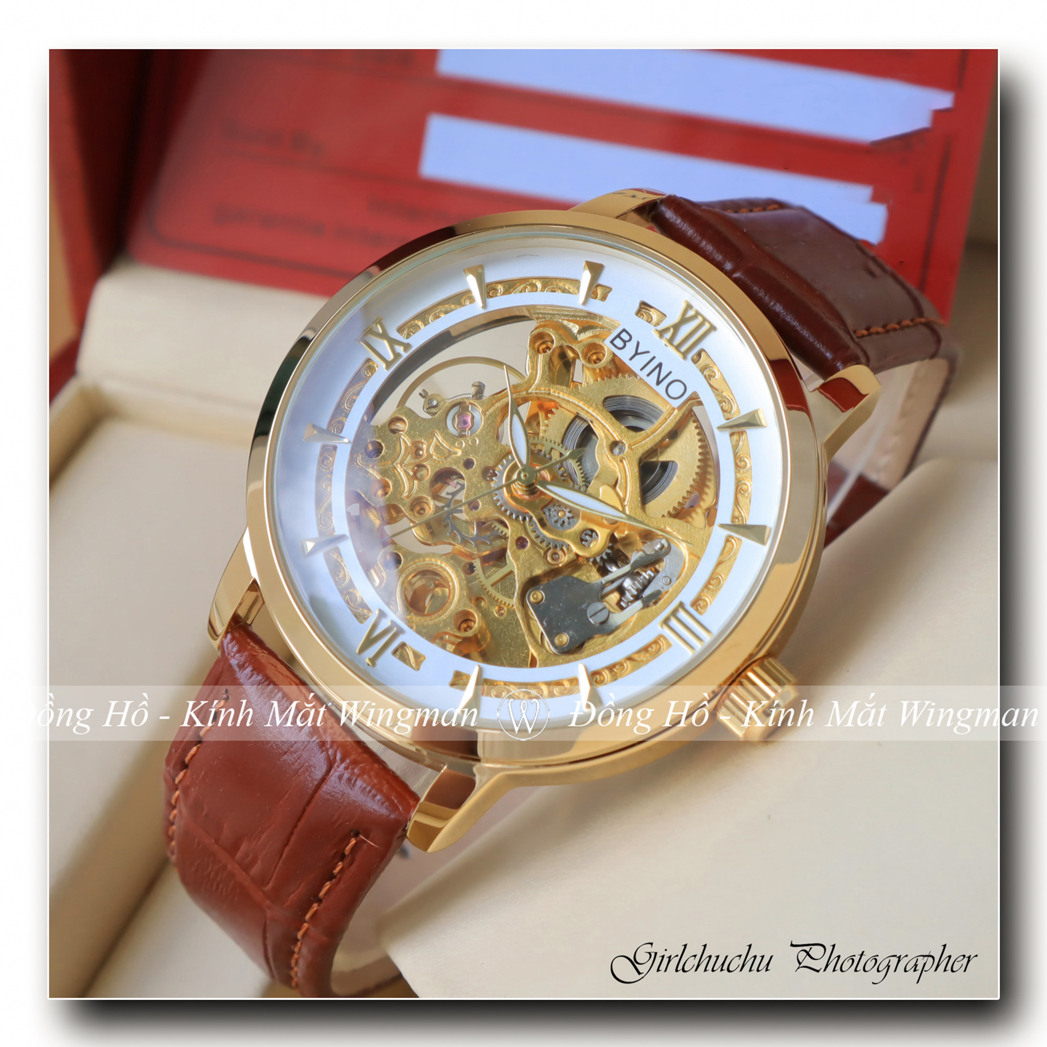 Đồng hồ nam máy cơ dây da Byino chạy full kim automatic , chống xước - chống nước , full box, Bảo hành 3 năm