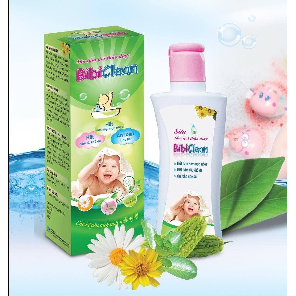 Sữa tắm gội thảo dược bibi clean - hết rôm sảy mụn nhọt hâm tả khô da - chai 120ml