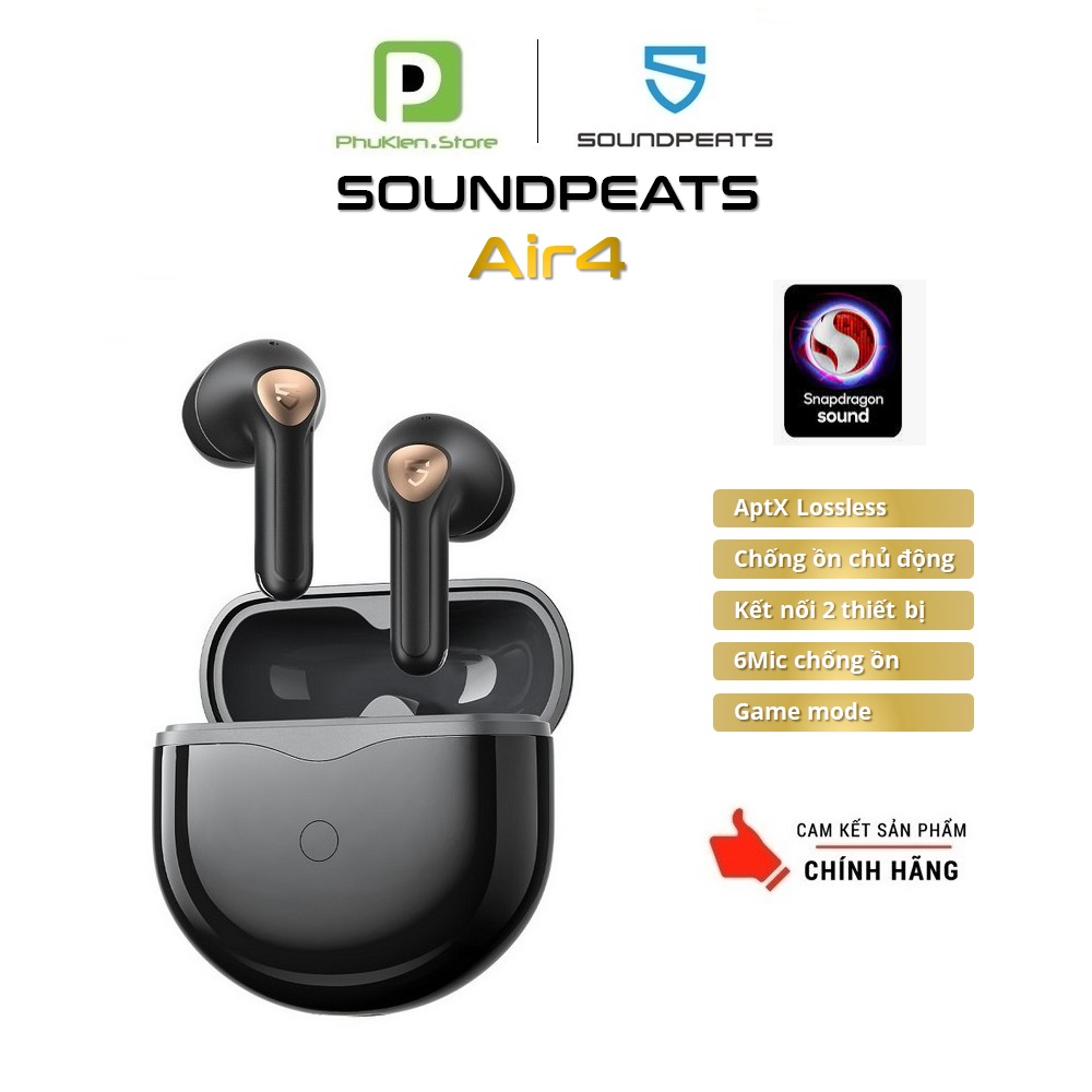 Tai Nghe Bluetooth 5.3 Soundpeats Air4 | AptX Lossless | Kết nối 2 thiết bị | ANC | Hỗ trợ app