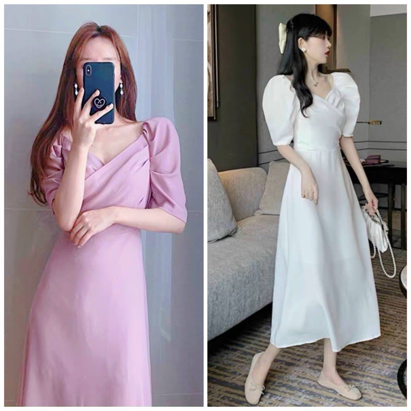 Đầm tay phồng thắt eo 2 màu