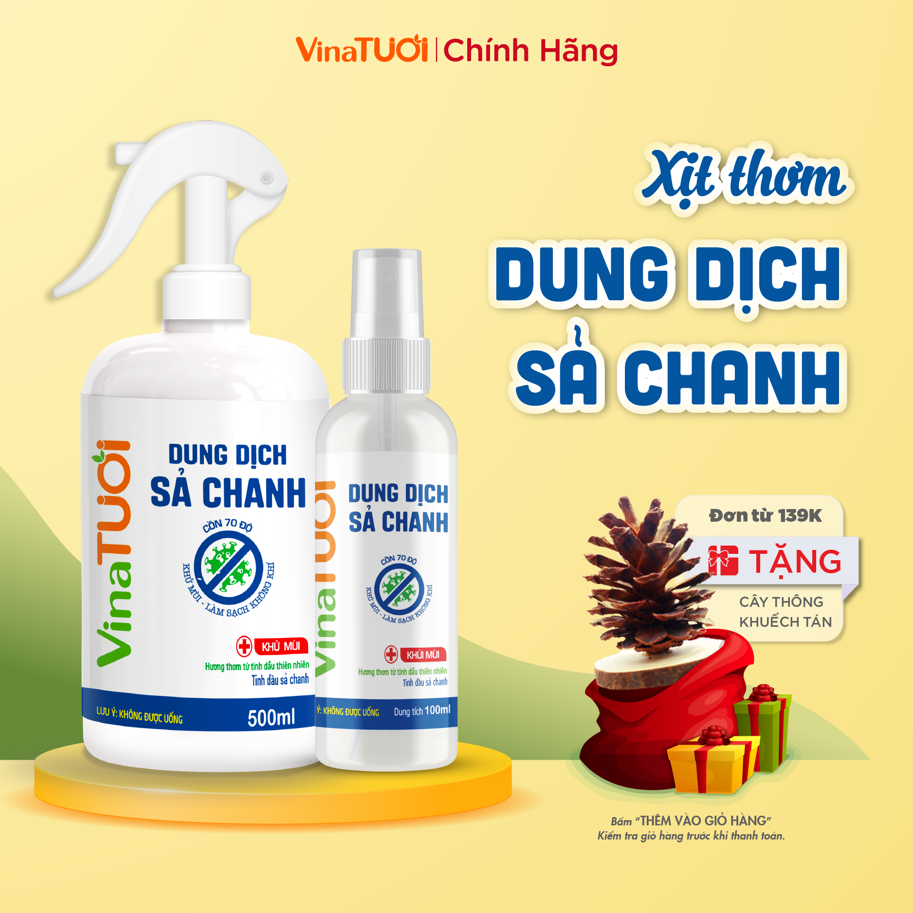 Dung dịch xịt thơm đa năng Sả Chanh VINA TƯƠI Cồn 70 độ Tinh dầu Sả Chanh nguyên chất thiên nhiên