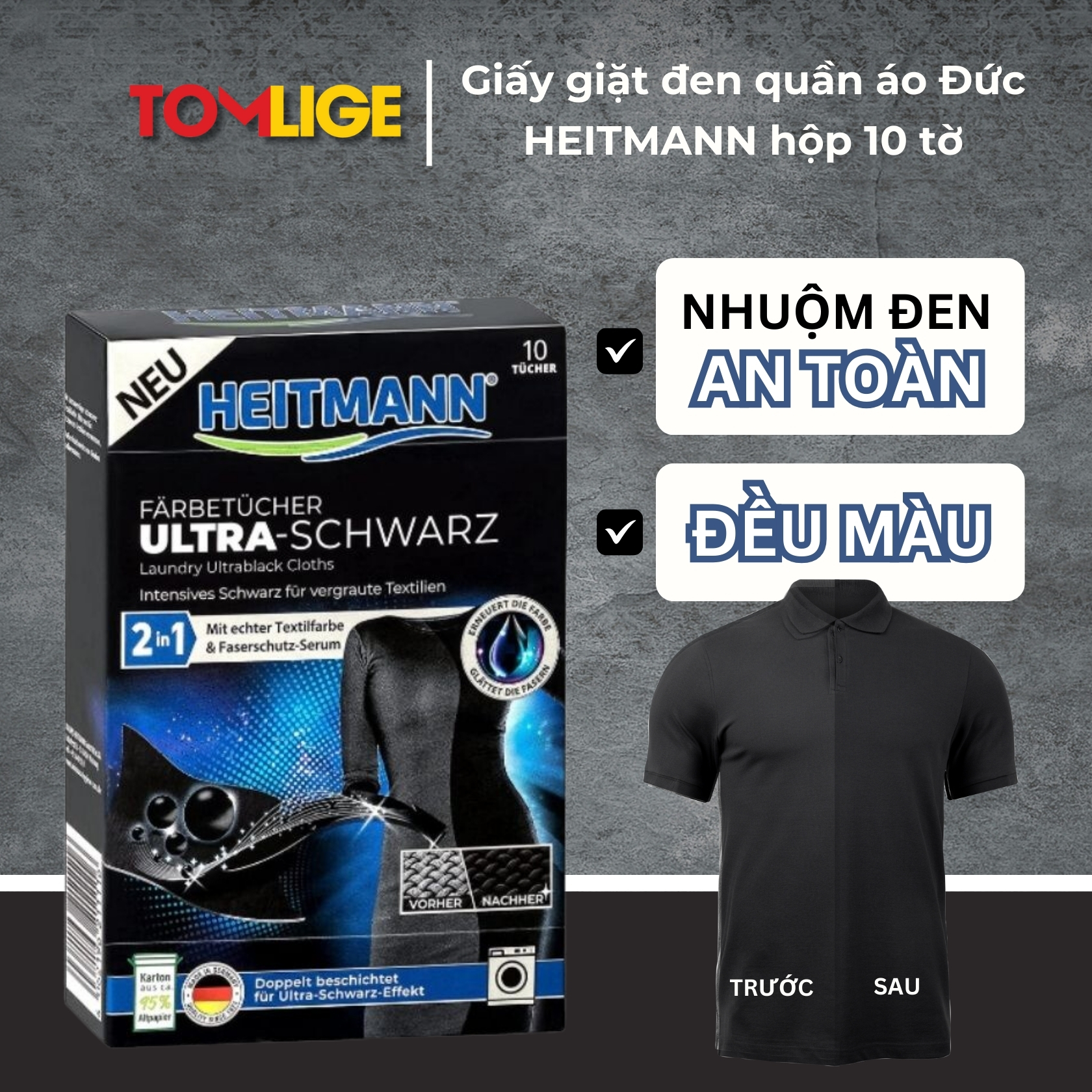 Giấy giặt đen, giấy nhuộm đen quần áo Heitmann Tomlige hộp 10 tờ