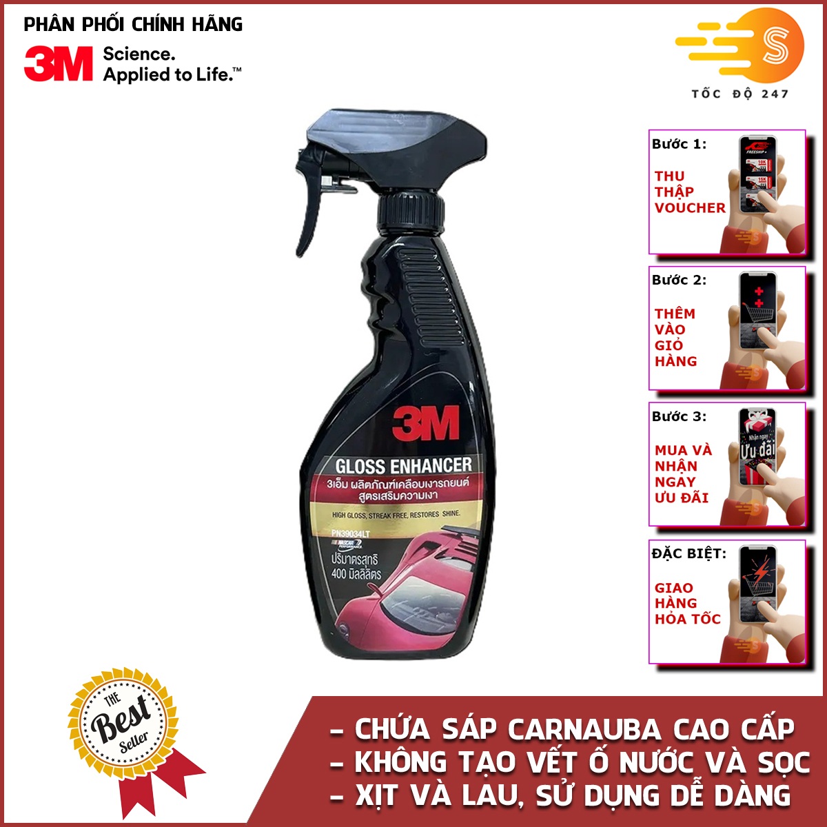 Chai xịt tăng độ bóng sơn ô tô gloss enhancer 3m 39034lt 400ml - hàng thái lan, chăm sóc xe, tăng độ bóng, không vệt ố, dễ sử dụng