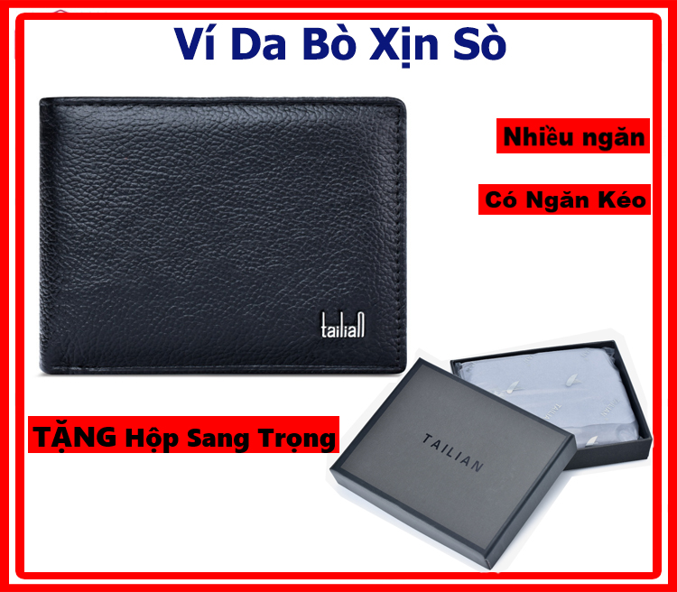 VÍ nam da bò thật 100% nhiều ngăn sang trọng, có ngăn kéo, Bảo Hành 03 Năm