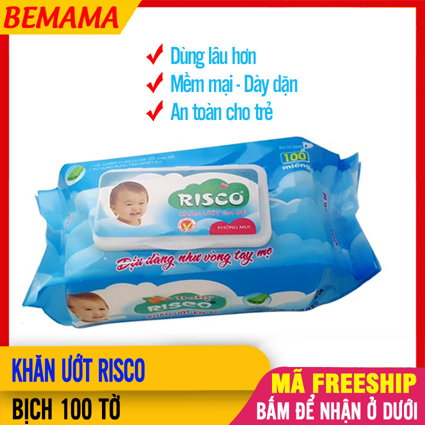 Khăn Ướt Cho Bé Sơ Sinh Baby Risco 100 TỜ/BỊCH Có Nắp Không Mùi Chống Hăm Kháng Khuẩn - Mềm Mại Dày Dặn Bemama - 1 Khăn Ướt Risco - 8938506395073