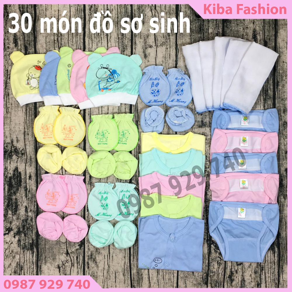 Combo 30 món đồ dùng cho bé sơ sinh cao cấp ( 5 áo CỘC TAY + 5 bao tay + 5 bao chân + 5 ( mũ ) nón + 5 tã dán + 5 khăn sữa 2 lớp  ) loại 1