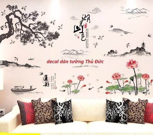 Decal dán tường combo 2 bức cây tùng và sen