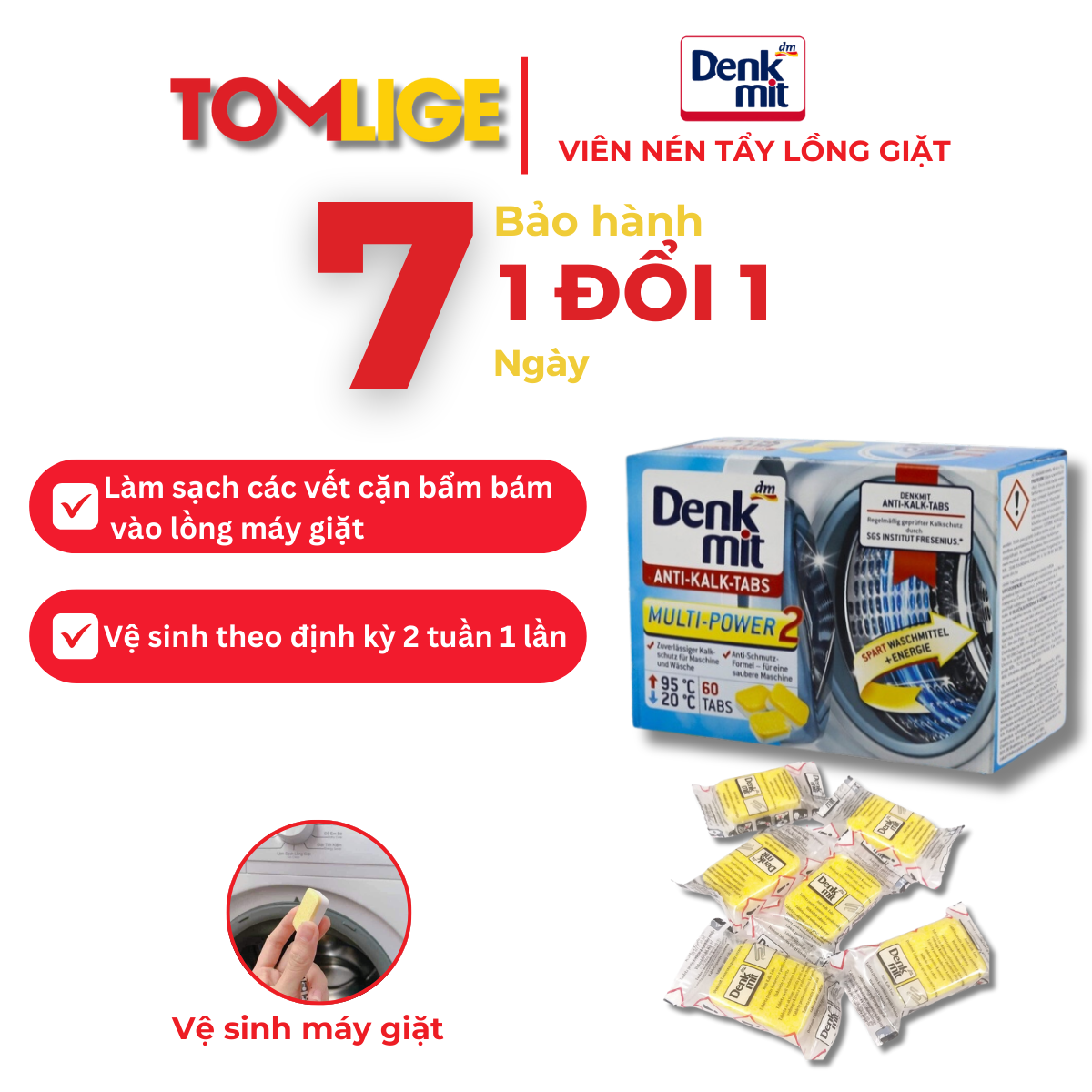 Viên vệ sinh máy giặt Denkmit Hộp 60 viên, loại bỏ cặn bám lồng giặt, khử mùi hôi, dùng cho cả máy cửa trước và cửa trên